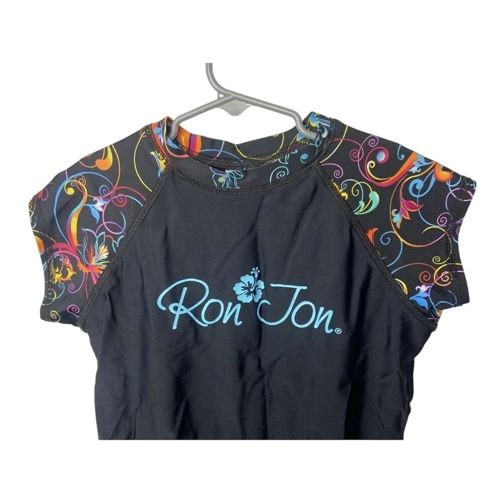 Ron Jon Surf Shop Girls Rash Guard‎ Black Floral Cap Sleeve Swim Top Size 8